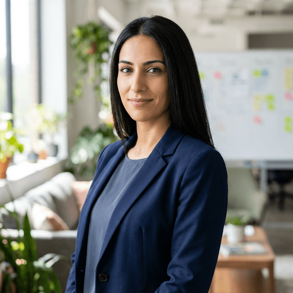 Portrait of a professional woman immigration consultant in her late thirties, dark hair pulled back, wearing a tailored navy blazer, standing in a bright Montreal office with large windows and legal books, natural daylight, editorial photography, calm confident expression, shallow depth of field