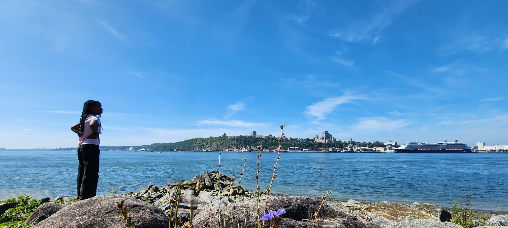 Femme aux tresses sur des rochers regardant le fleuve Saint-Laurent et Québec au loin.