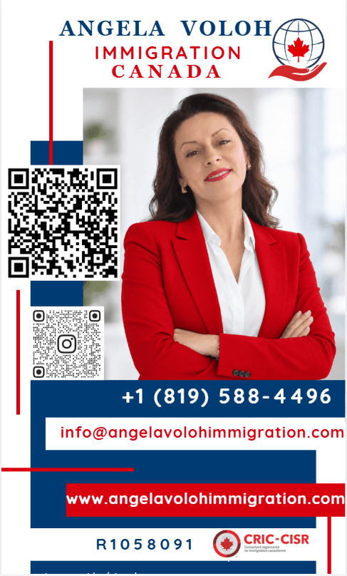 Carte de visite d'Angela Voloh, consultante en immigration Canada, avec photo et coordonnées professionnelles.