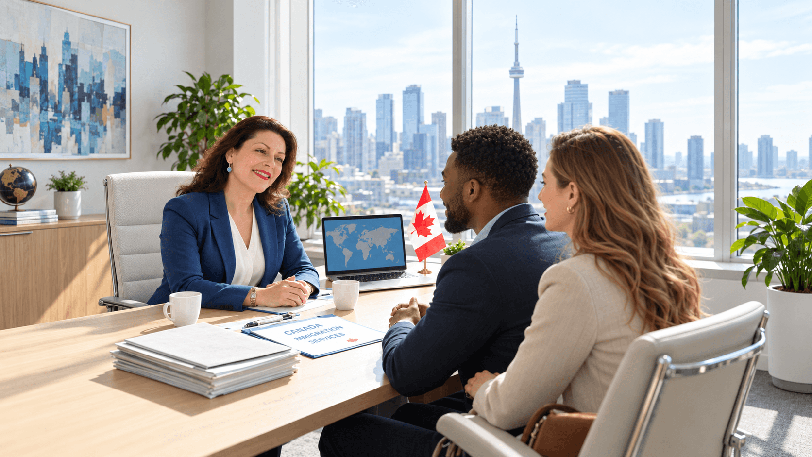 Une conseillère en immigration canadienne reçoit un couple dans son bureau surplombant Toronto.